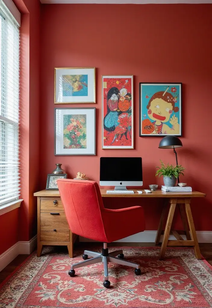 home office with red accent chair red wall art and neutral background