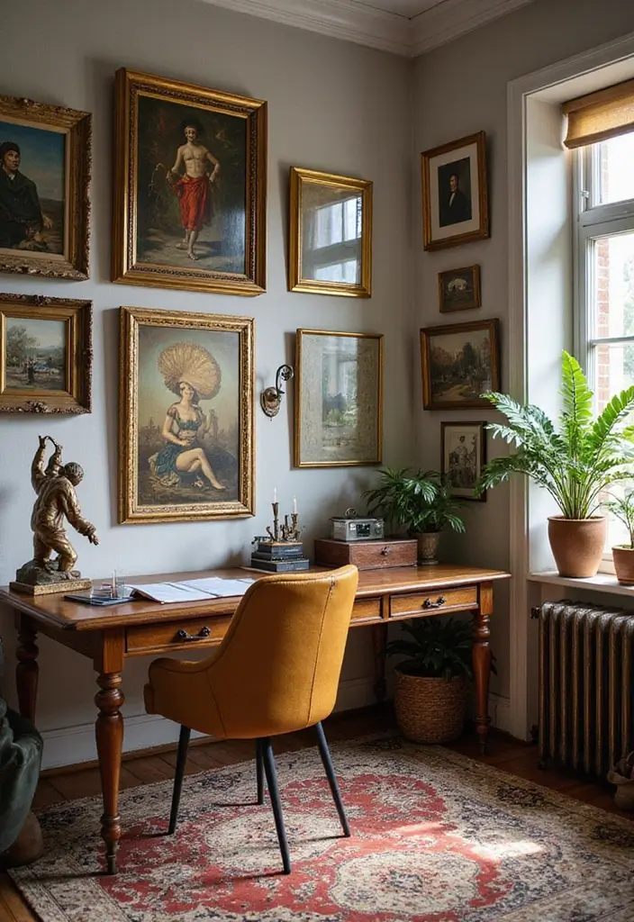 home office with wall art and creative decor