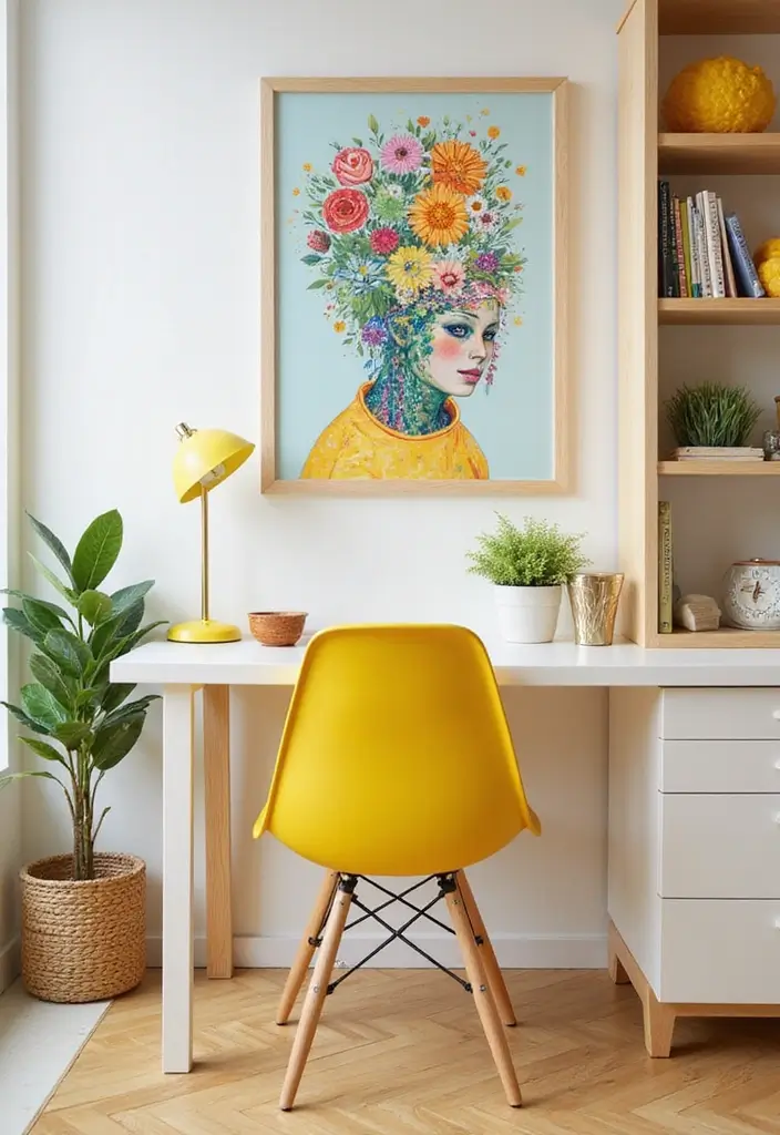 home office with yellow chair yellow desk decor and bright light