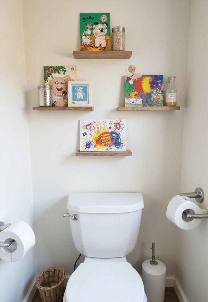 kids bathroom art display shelves