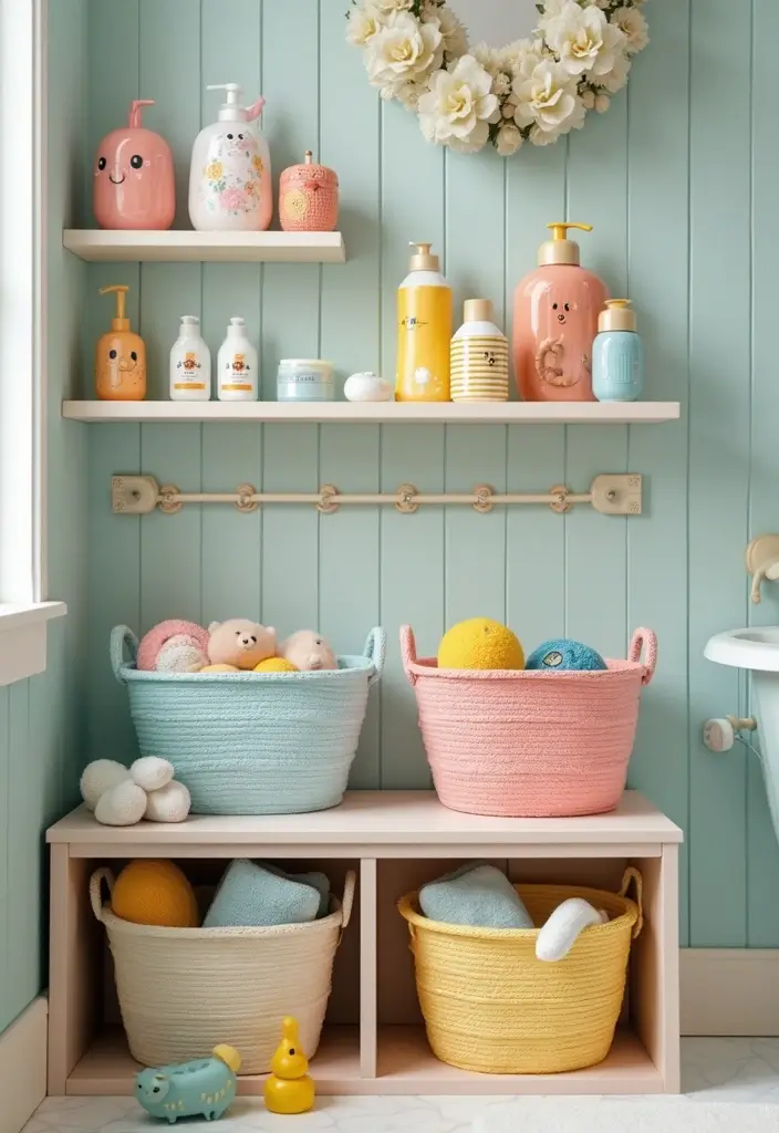 kids bathroom playful basket storage