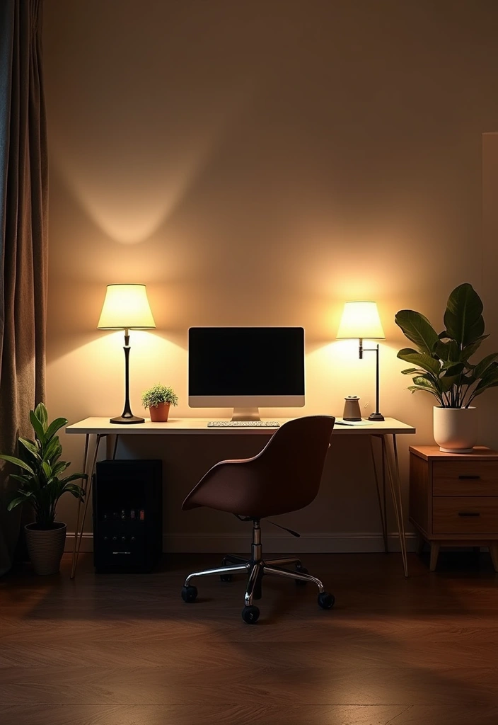 layered lighting setup with desk and accent lights