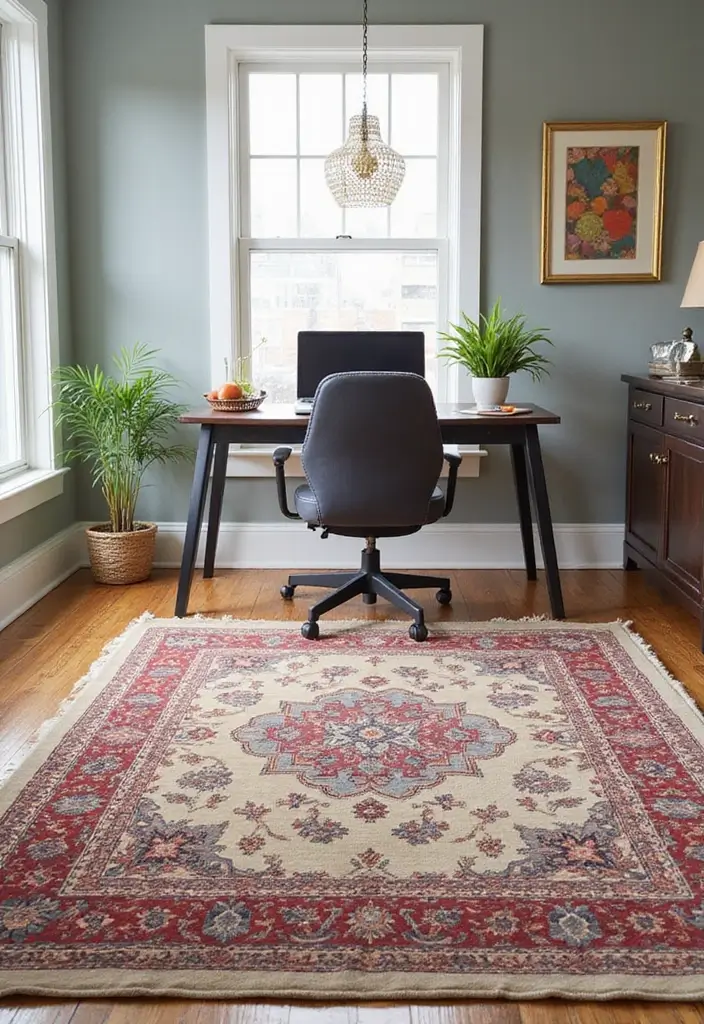 layered rugs in cozy home office space