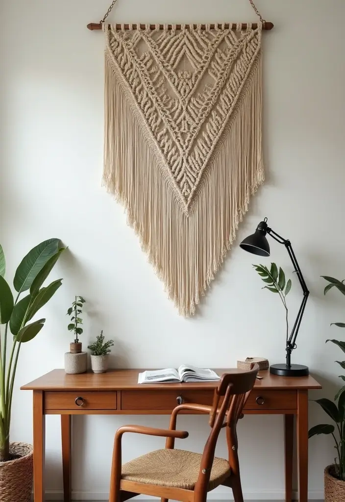 macrame and woven textile wall hanging in office