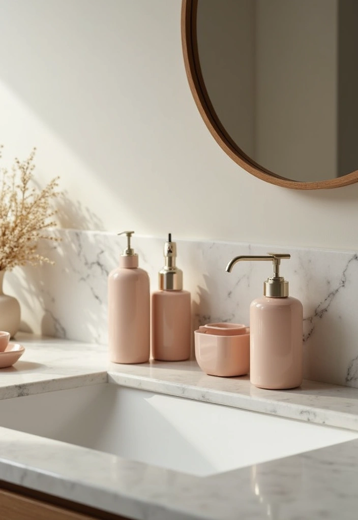 matching bathroom accessories on countertop tray