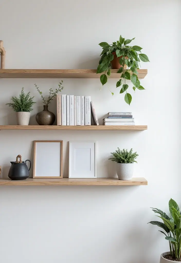 minimalist floating shelves with plants and books