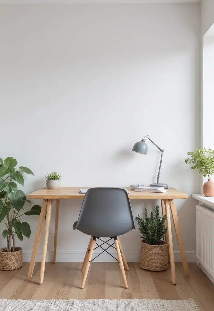 minimalist home office with clean desk and soft colors