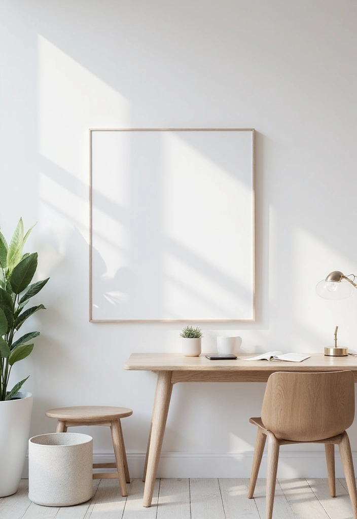 minimalist home office with clean desk neutral colors and plant