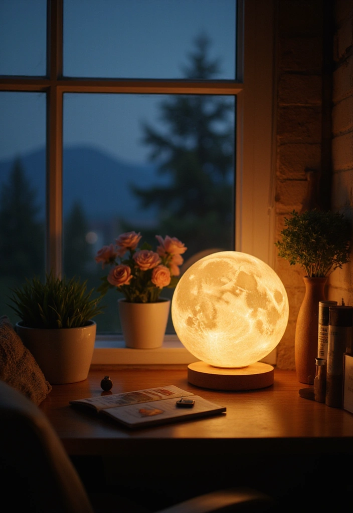 moon lamp glowing softly in home office