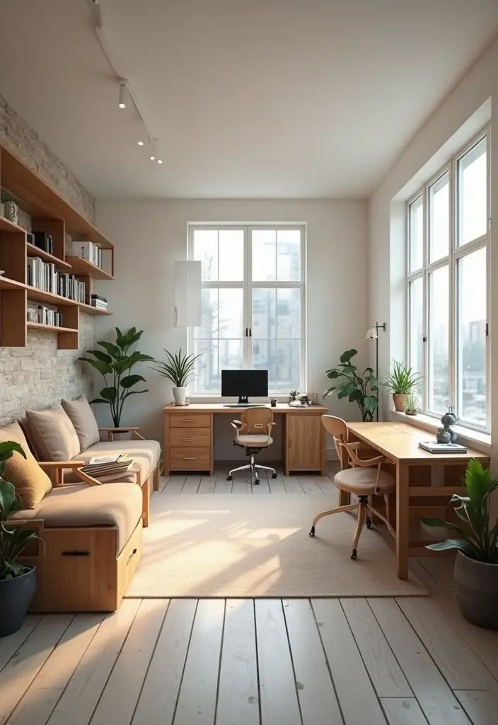 multi functional home office with foldable desk and compact furniture