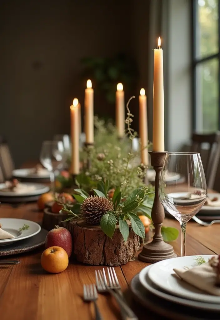 natural centerpiece decor with wood, plants, and rustic elements