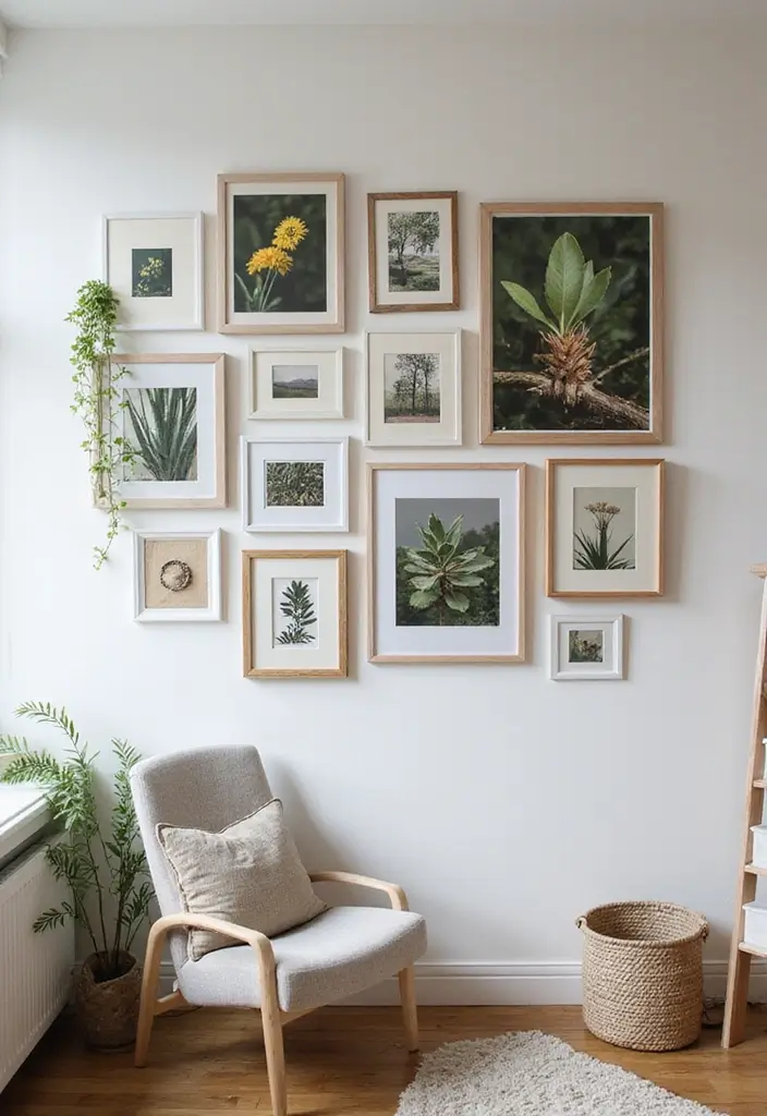 nature-inspired gallery wall with botanical and rustic accents