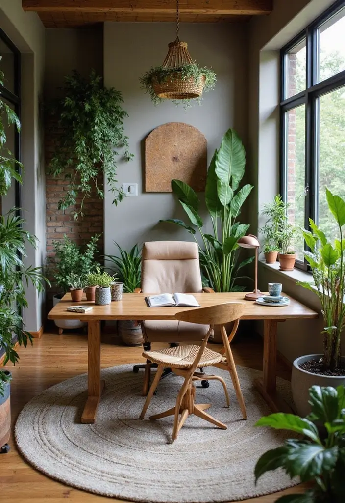 nature inspired home office with plants and wooden desk