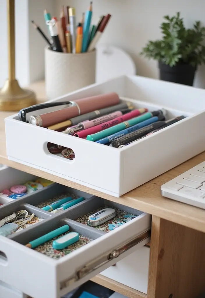 organized desk with trays and storage containers