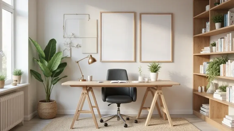 peaceful home office wall decor ideas with calm colors and art