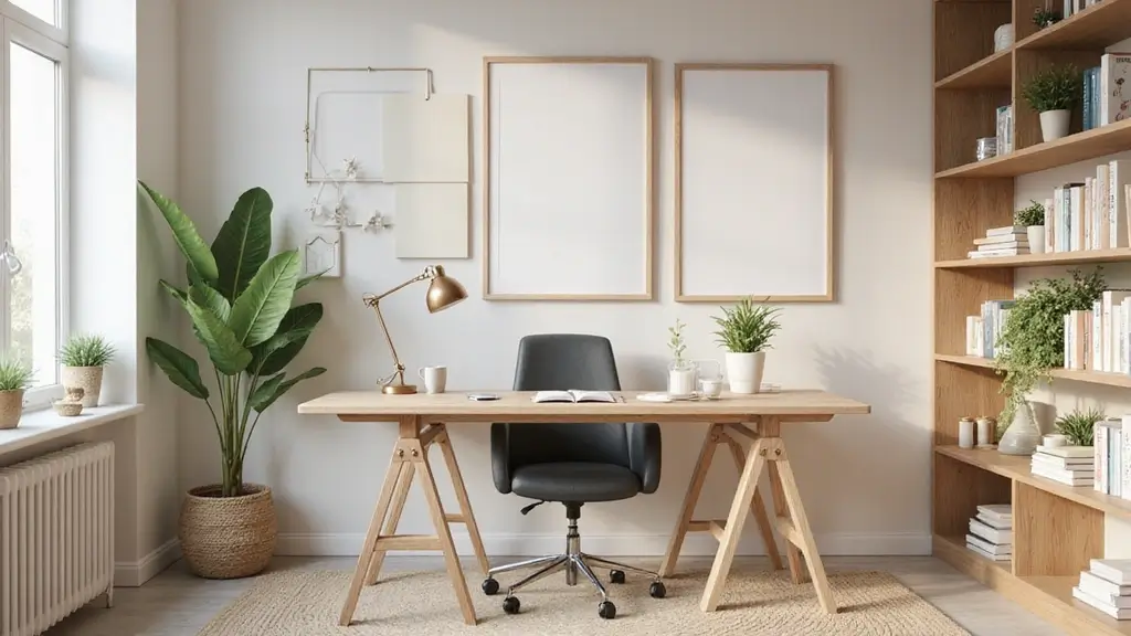 peaceful home office wall decor ideas with calm colors and art