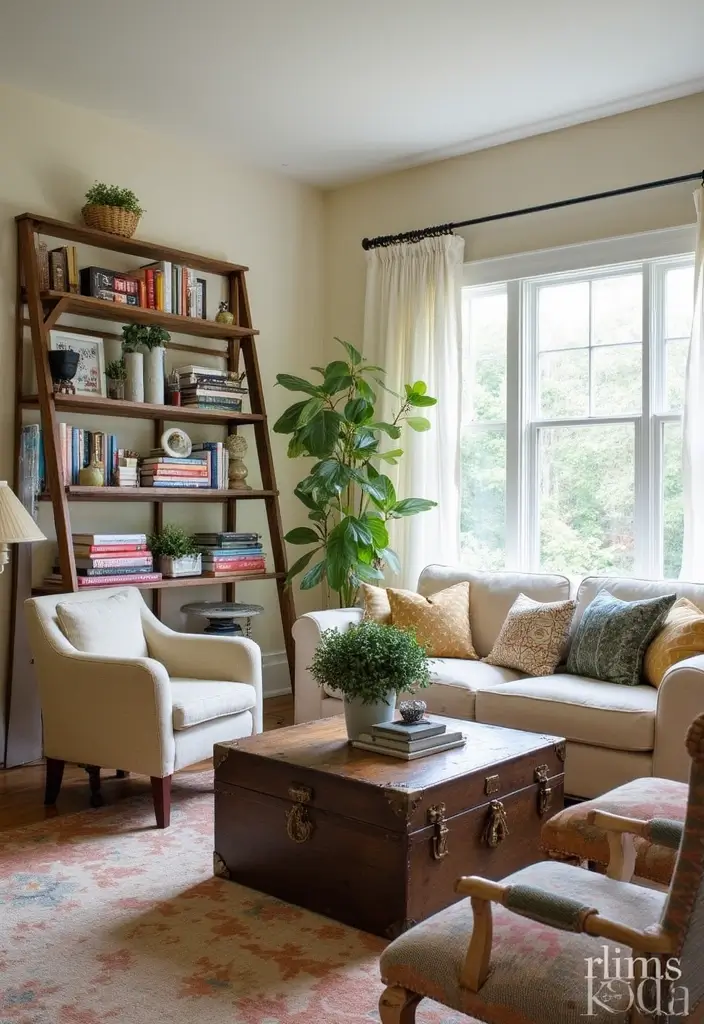 repurposed furniture used as storage and decor