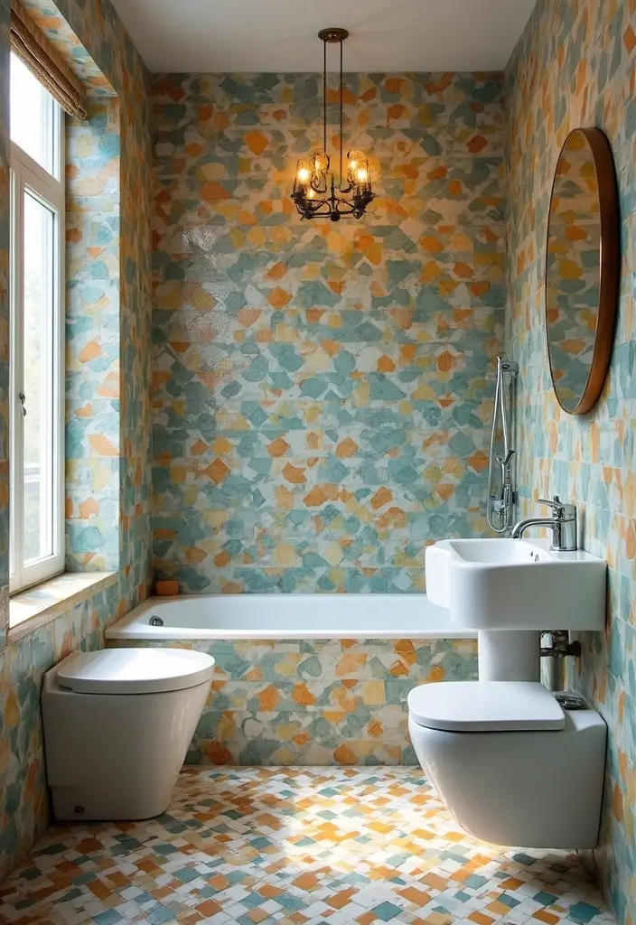 retro patterned bathroom tiles in pastel colors