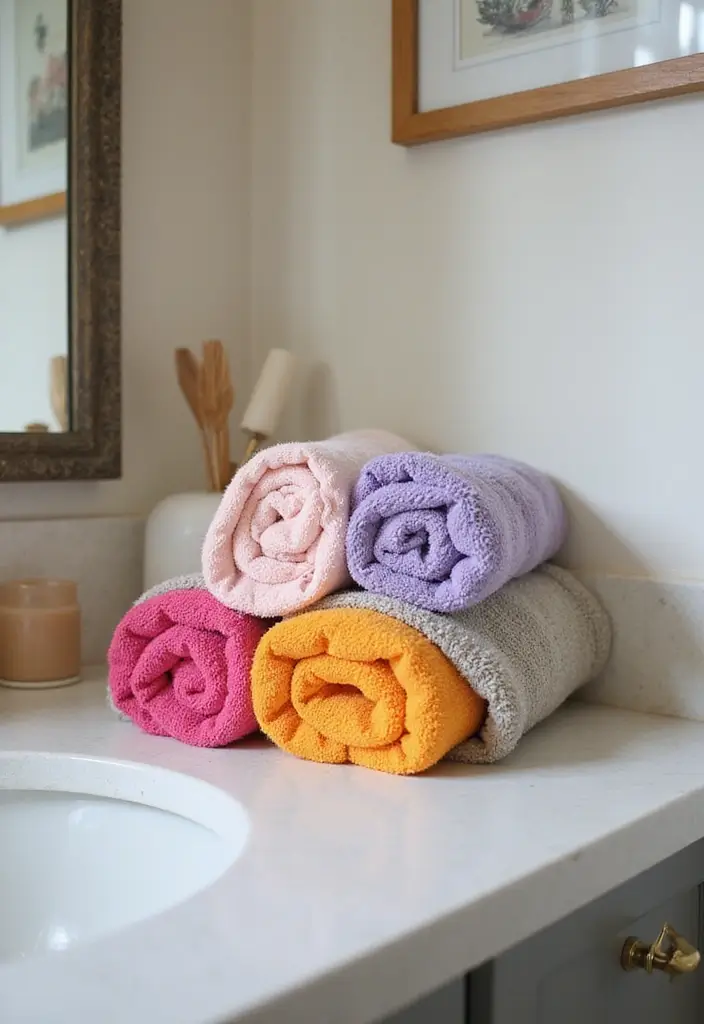 rolled colorful towels in wicker basket