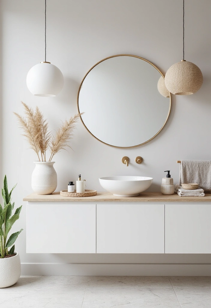 round minimalist mirror above countertop decor