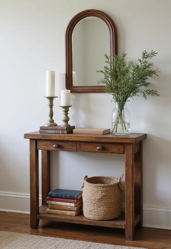 rustic wooden console table with boho decor