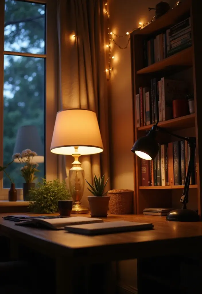 small home office with desk lamp and warm ambient lighting