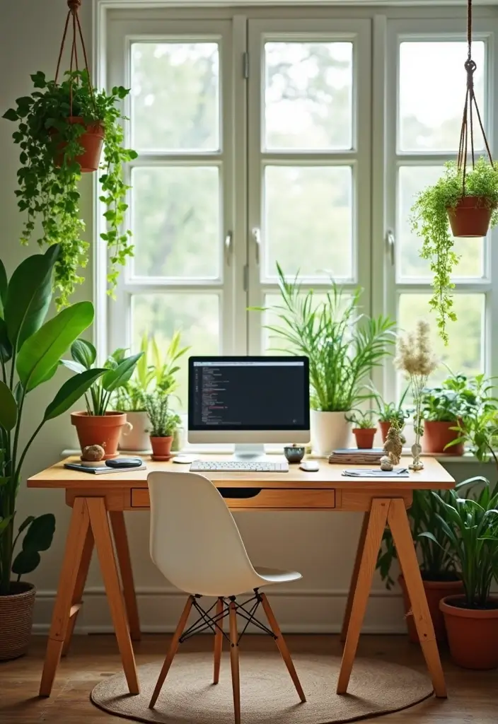 small home office with indoor plants and green accents