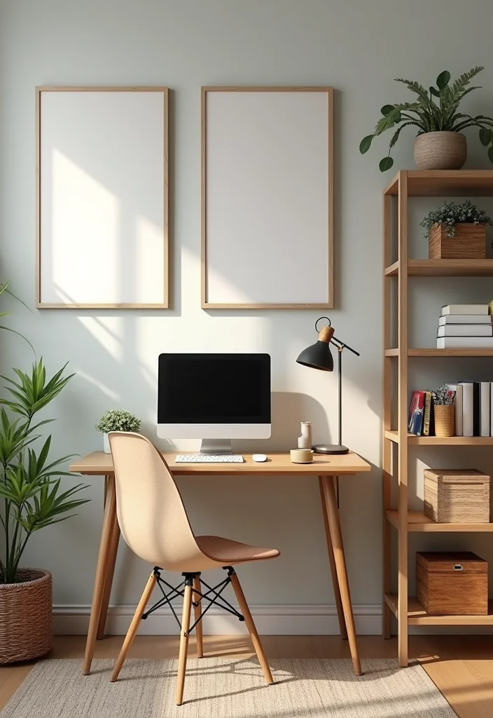 small modern home office desk with computer chair shelves and plants