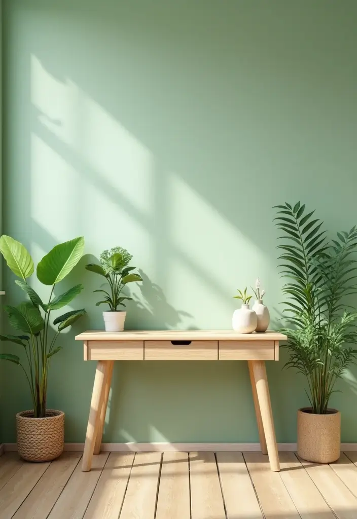 soft green home office paint with plants