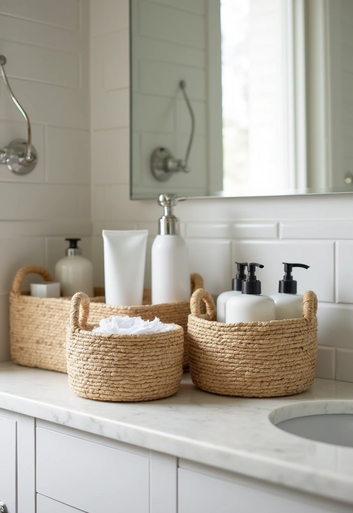 stacked woven baskets holding towels and toiletries