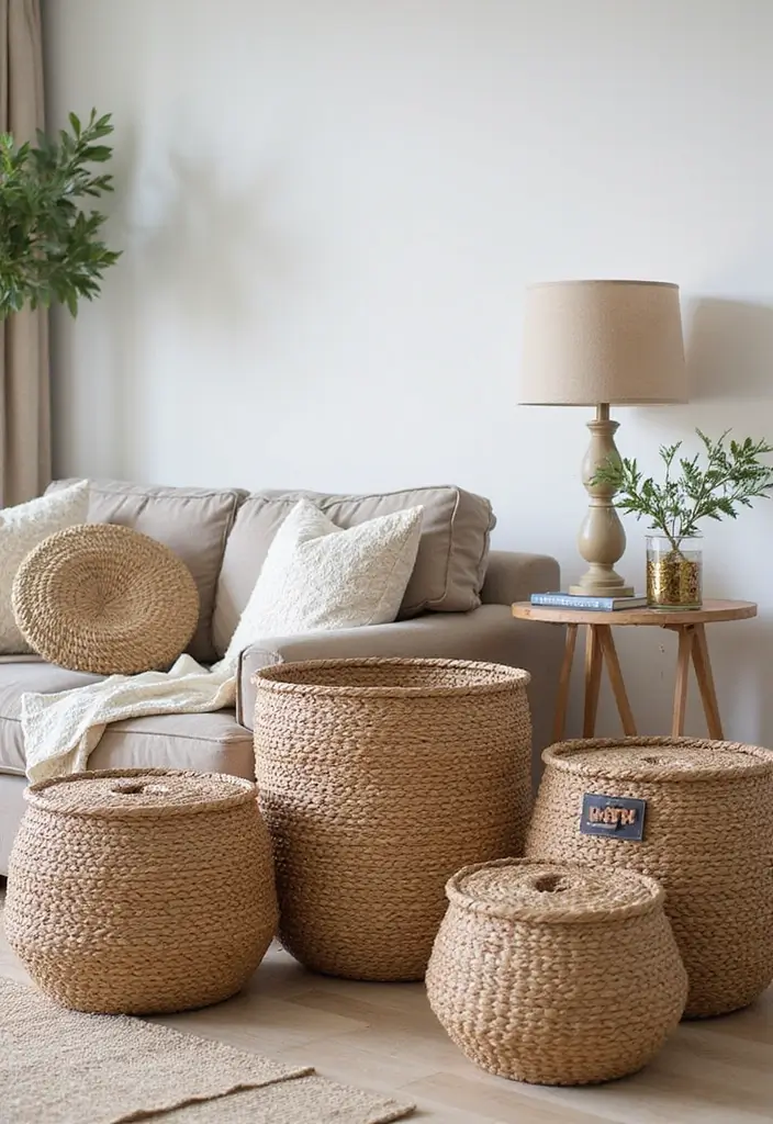 stylish storage baskets used for organizing apartment space