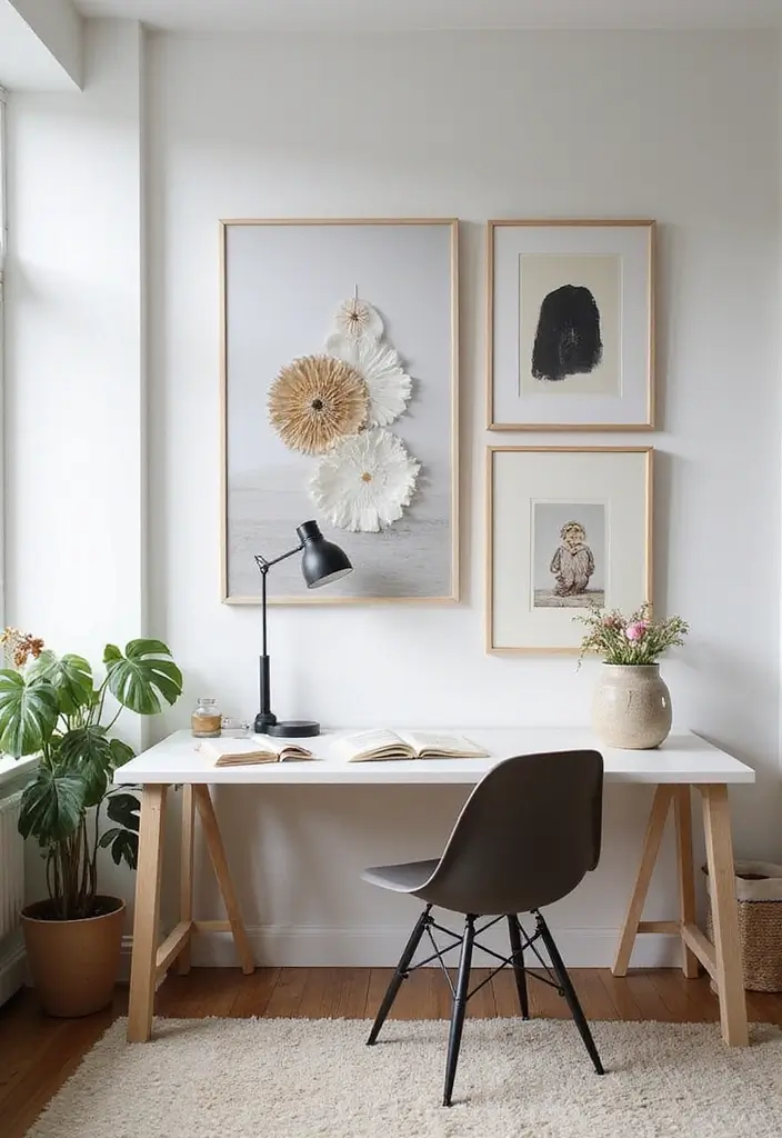 unique wall art in home office with gallery frames and canvas