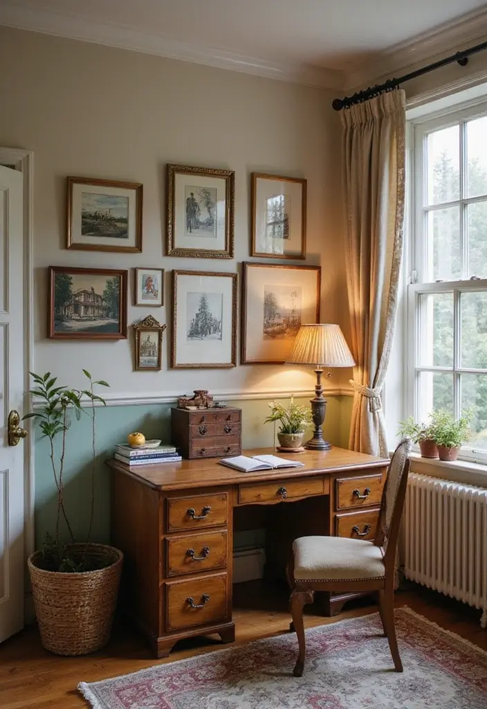 vintage desk and chair decor in cozy home office