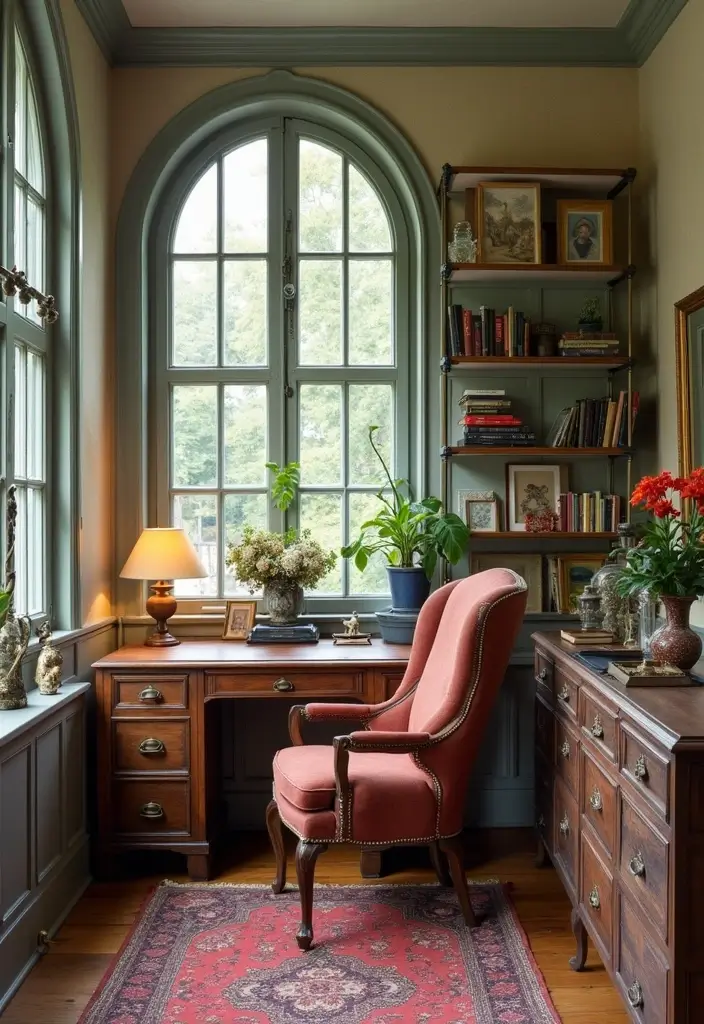 vintage furniture in cozy home office setup