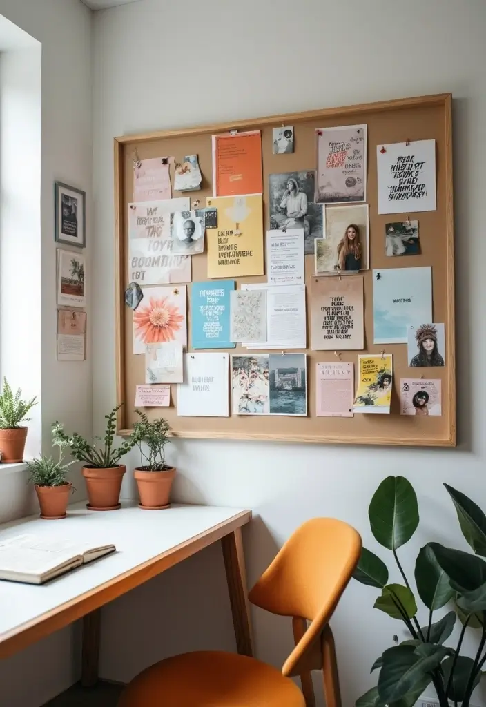 vision board with goals and photos in workspace