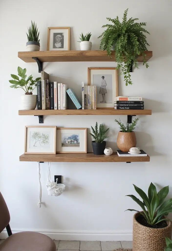 wall mounted shelves displaying books plants and decor
