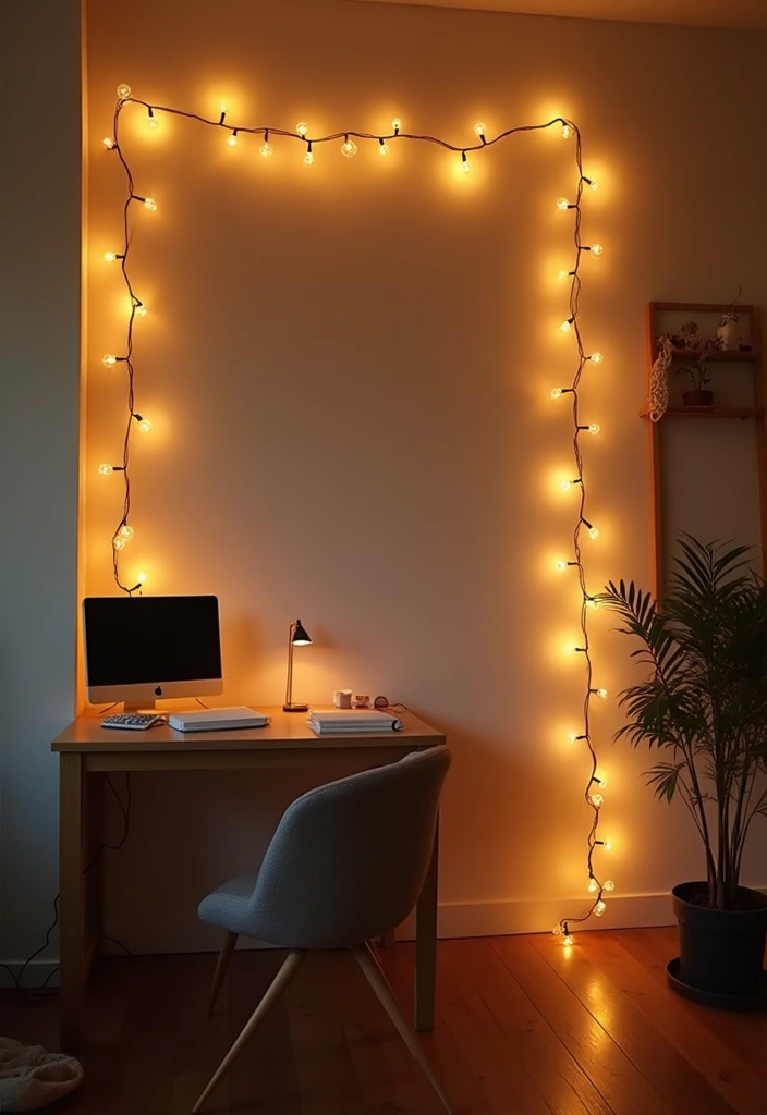 warm string lights decorating office wall