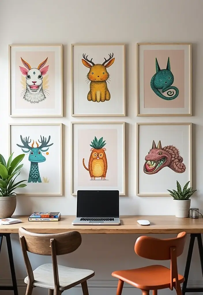 whimsical colorful art prints on office wall