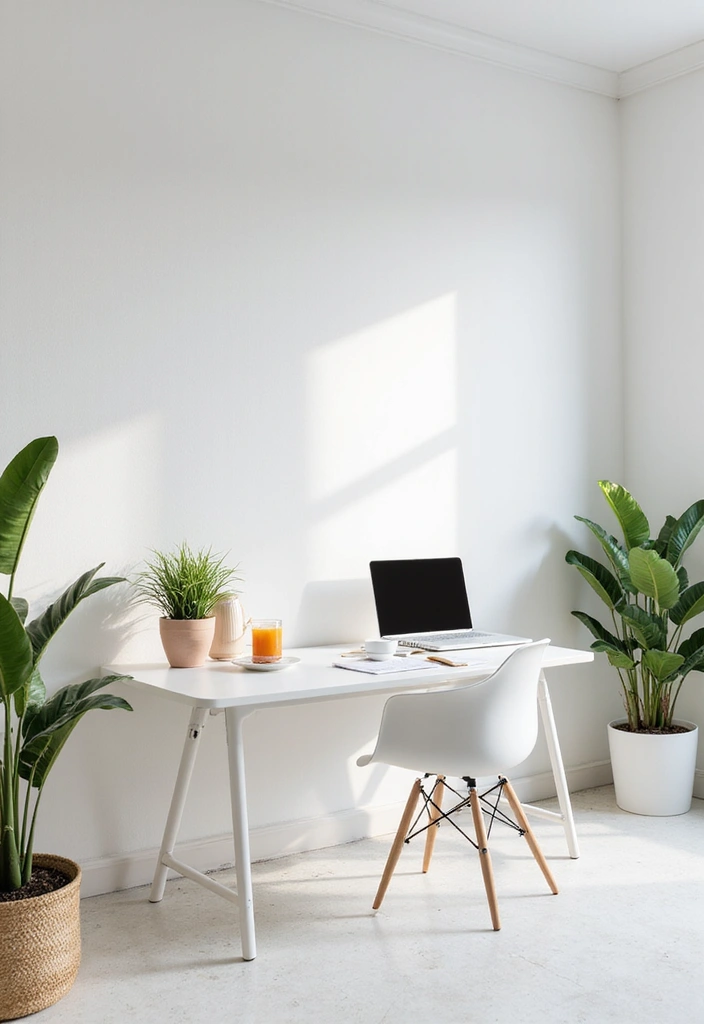 white home office with clean desk colorful accents and indoor plants