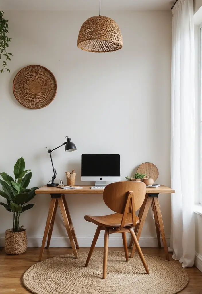 wood desk and natural textures in calm home office