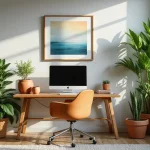 work from home office setup with desk chair laptop and cozy decor