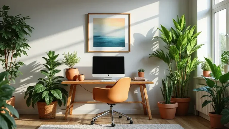 work from home office setup with desk chair laptop and cozy decor