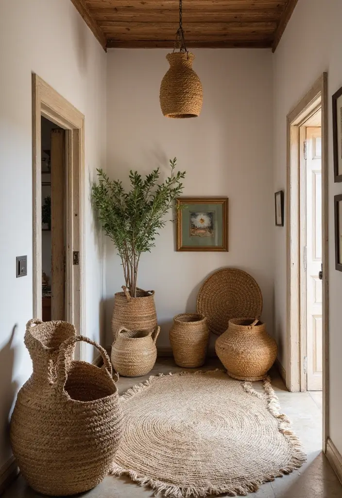 woven baskets used as boho entryway decor