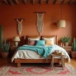 Western boho bedroom with macramé, cactus, and warm desert tones.