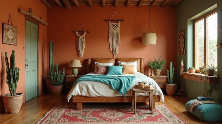 Western boho bedroom with macramé, cactus, and warm desert tones.