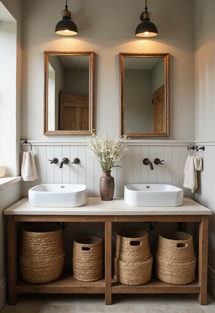 . charming woven baskets double sink bathroom
