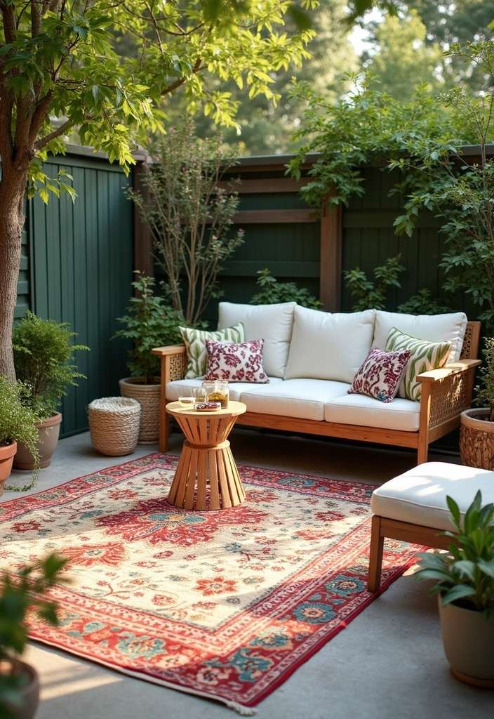 colorful outdoor rug styling small patio