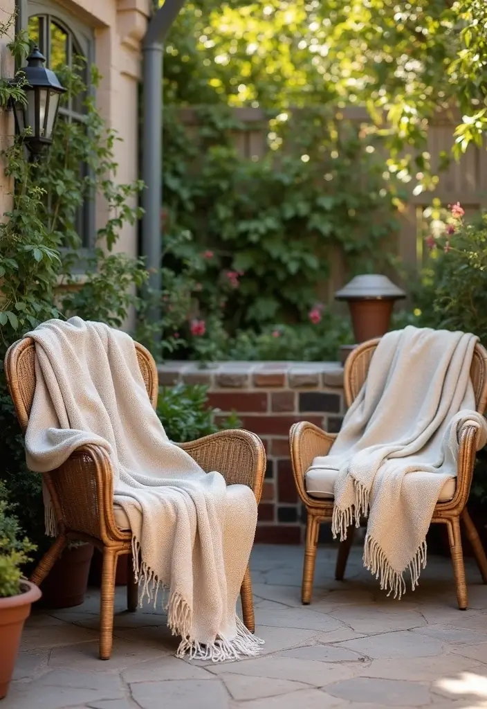 cozy throw blankets on patio chairs