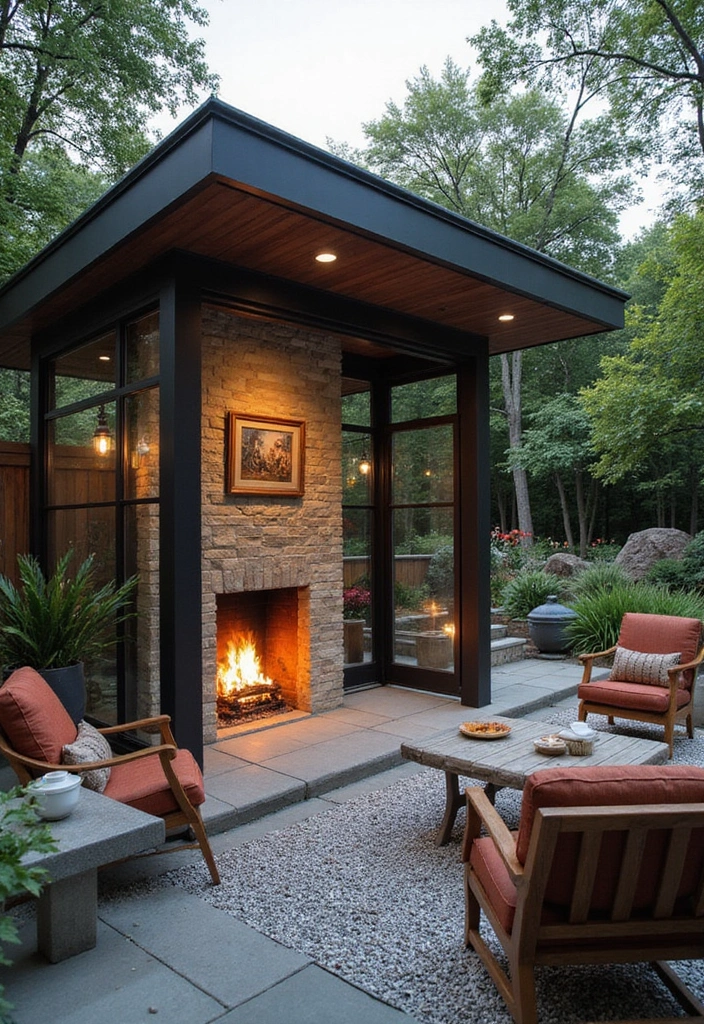 enclosed outdoor fireplace lounge