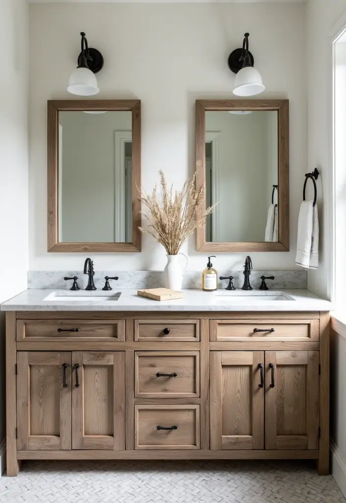farmhouse chic distressed double sink bathroom